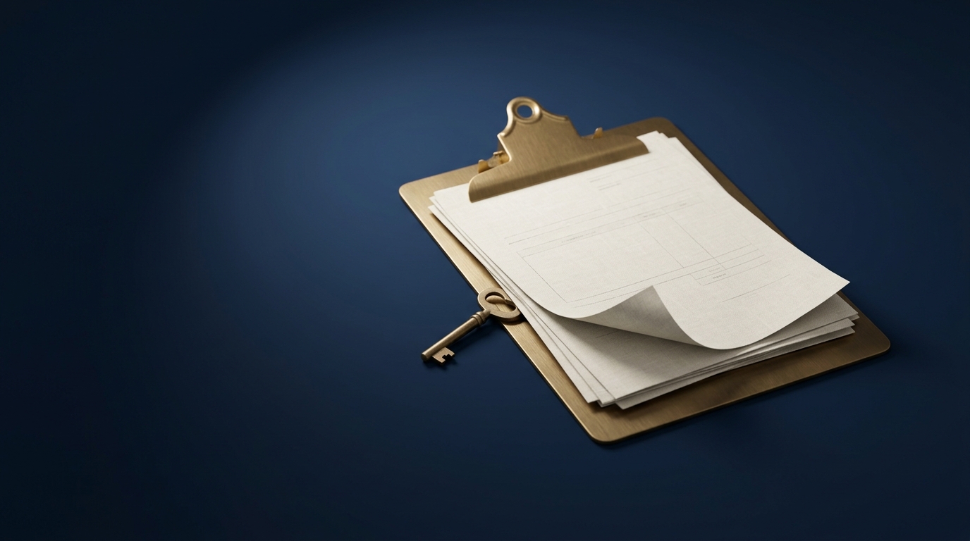Un porte-bloc en laiton, une clé et une pile de documents pliés sur une surface sombre