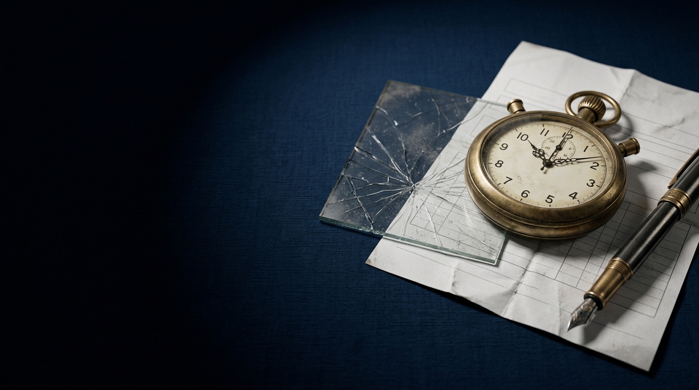 Un chronomètre en laiton, une vitre fêlée et un formulaire de déclaration de sinistre