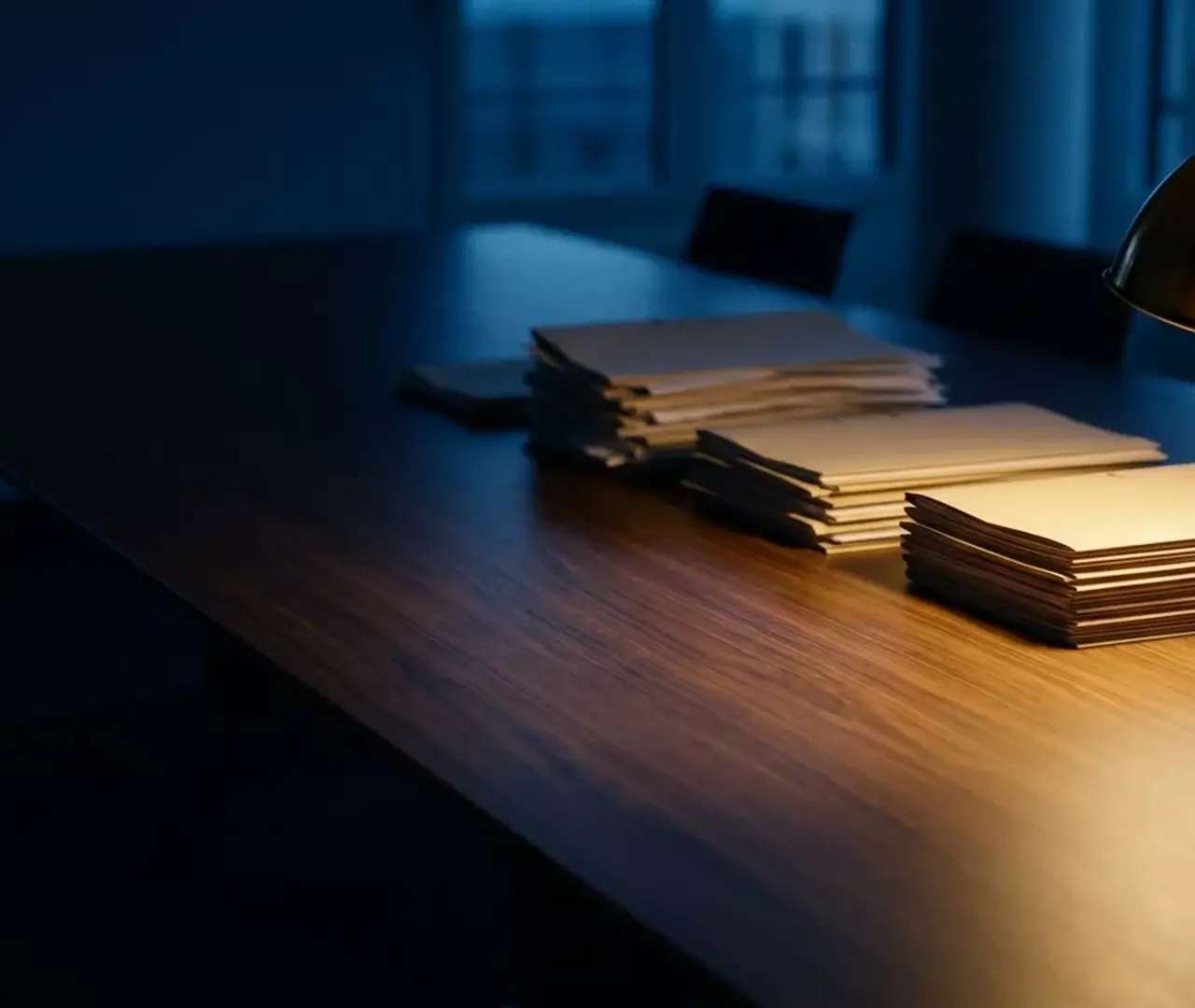 Table de réunion en bois sombre vue de dessus, dossiers d'assurance classés en quatre piles de plus en plus ordonnées, éclairés par une lampe en laiton — la méthode d'audit MAGE en quatre étapes