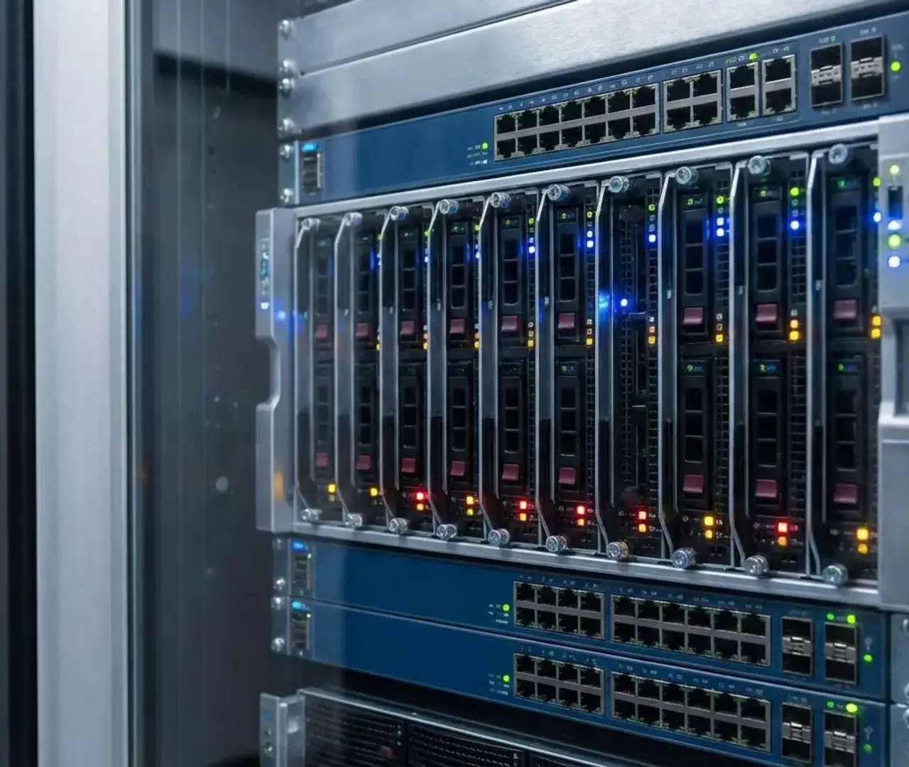 Baie de serveurs informatiques dans la salle technique d’une PME, infrastructure exposée aux cyberattaques