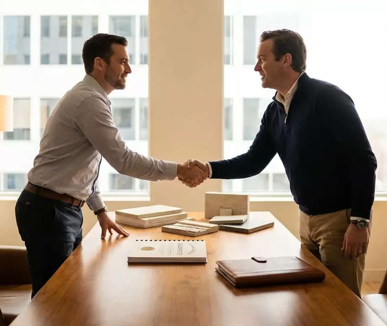 Poignée de main entre deux dirigeants dans un bureau, mise en place d’une garantie de cautionnement