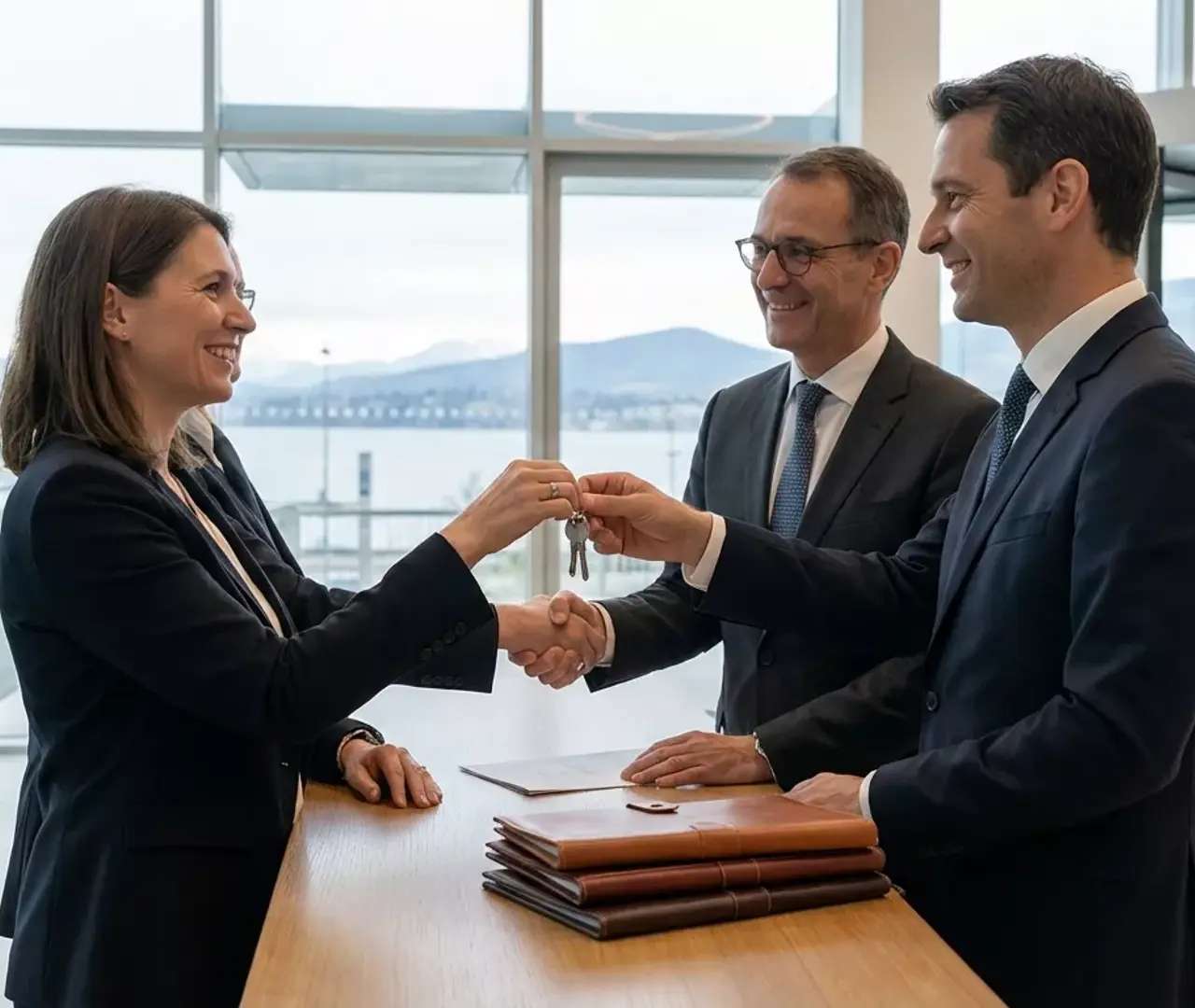 Remise des clés d’un bâtiment neuf entre trois interlocuteurs, aboutissement d’une garantie de construction