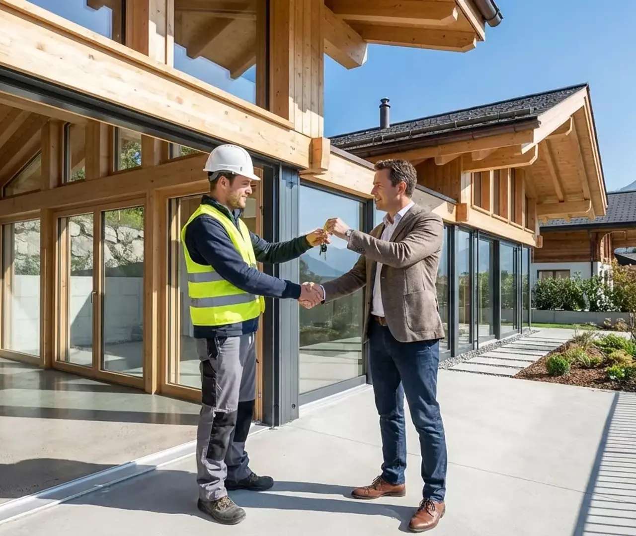 Poignée de main entre un artisan et un maître d’ouvrage devant un chantier livré, garantie d’exécution