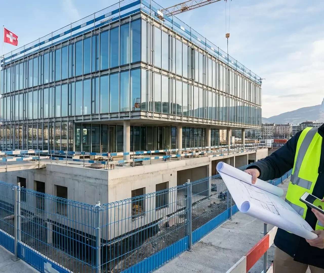 Deux responsables de chantier examinant des plans devant un immeuble en construction à Genève, responsabilité civile du maître d’ouvrage