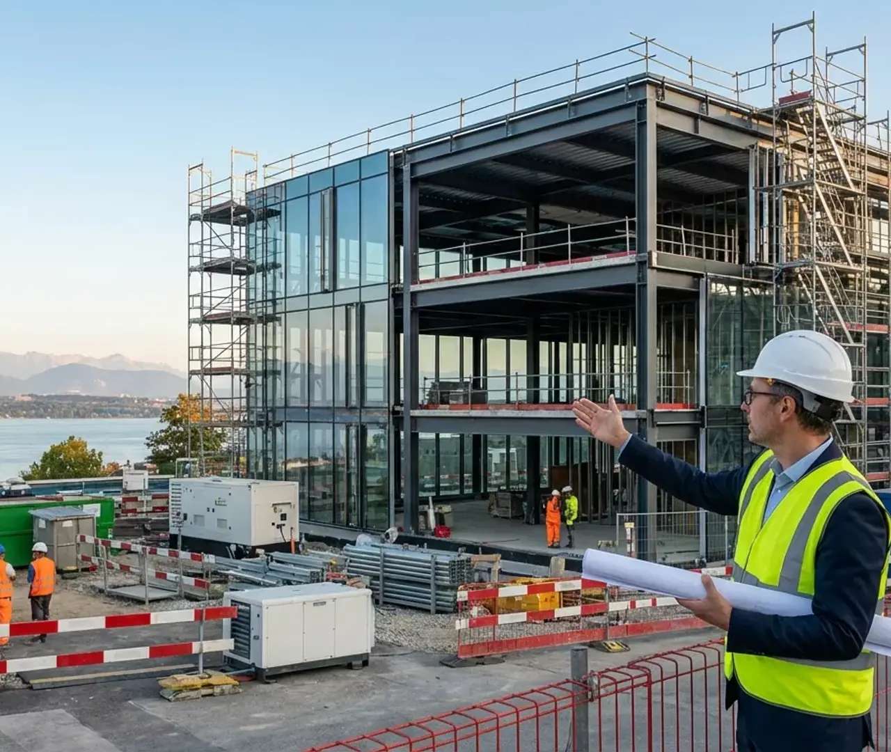 Chef de chantier présentant les plans d’un bâtiment en gros œuvre au bord du lac, assurance travaux de construction