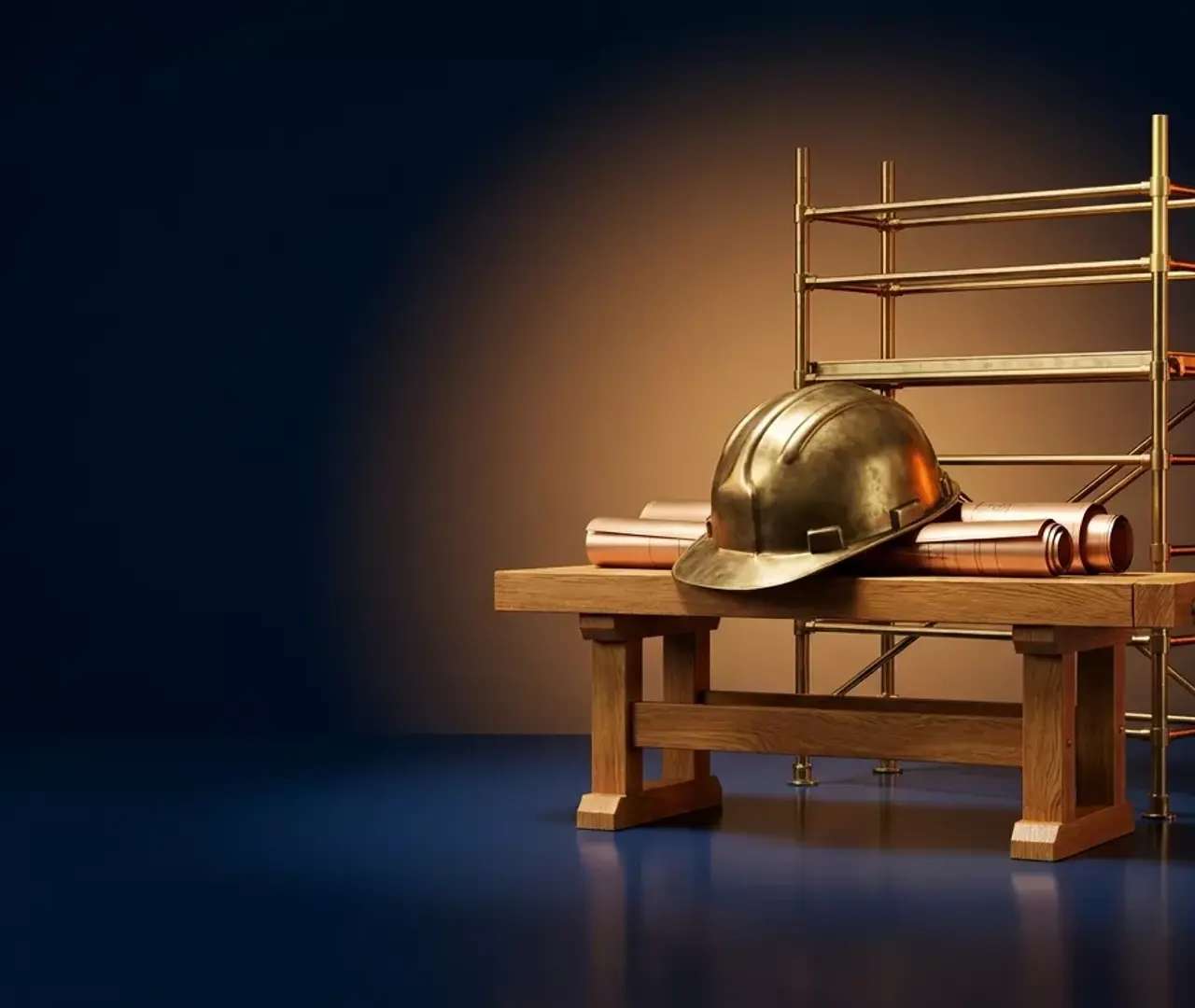 Casque de chantier et échafaudage dorés posés sur un socle en bois, symbole des assurances construction