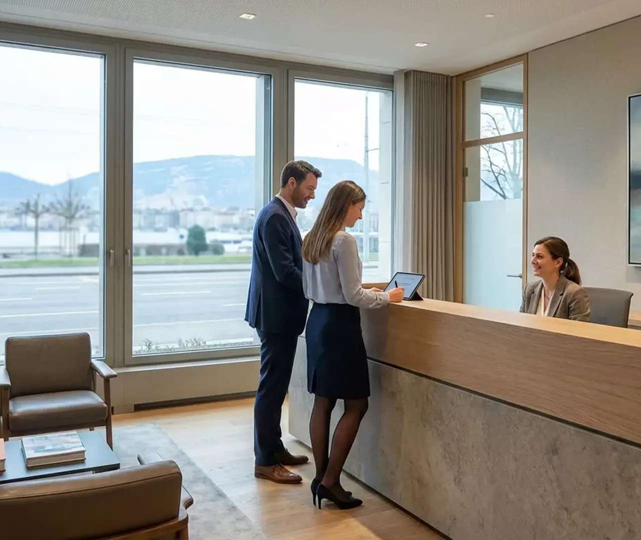 Visiteurs accueillis à la réception d’une entreprise, situation couverte par l’assurance accident des visiteurs