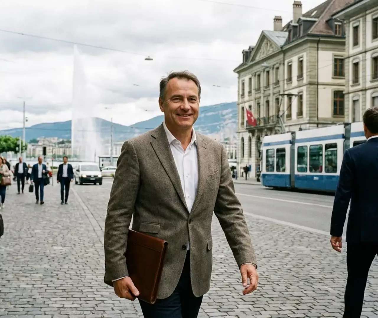 Dirigeant indépendant marchant dans une rue de Genève devant un tram, concerné par la LAA facultative