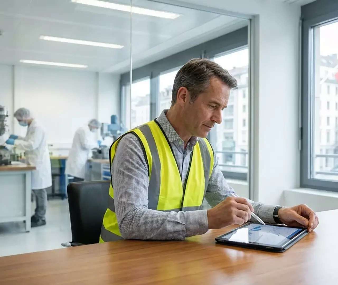 Responsable en gilet de sécurité travaillant sur tablette dans un atelier suisse, contexte d’application de l’assurance-accidents LAA