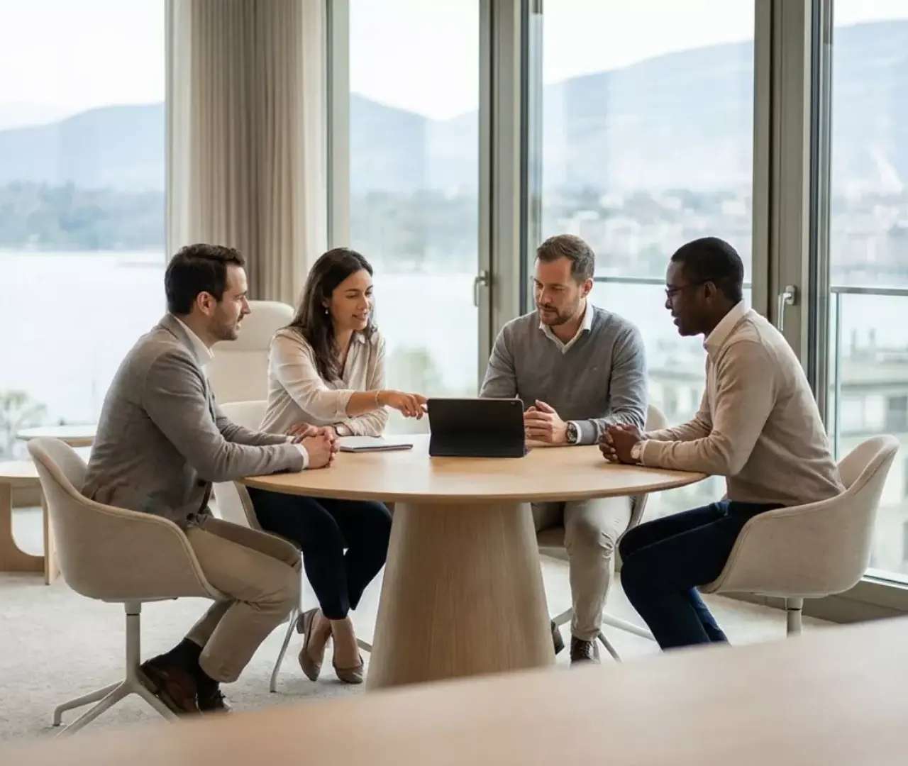 Réunion de travail dans un bureau genevois avec vue sur le lac, échange autour de la prévoyance professionnelle LPP