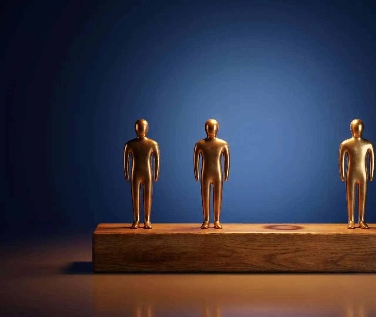 Trois figurines dorées alignées sur un socle en bois, représentation des assurances de personnes en entreprise