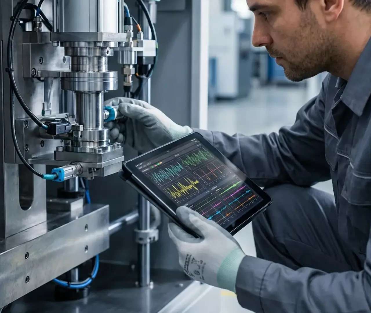 Technicien contrôlant une machine industrielle sur tablette, équipement couvert par les assurances techniques