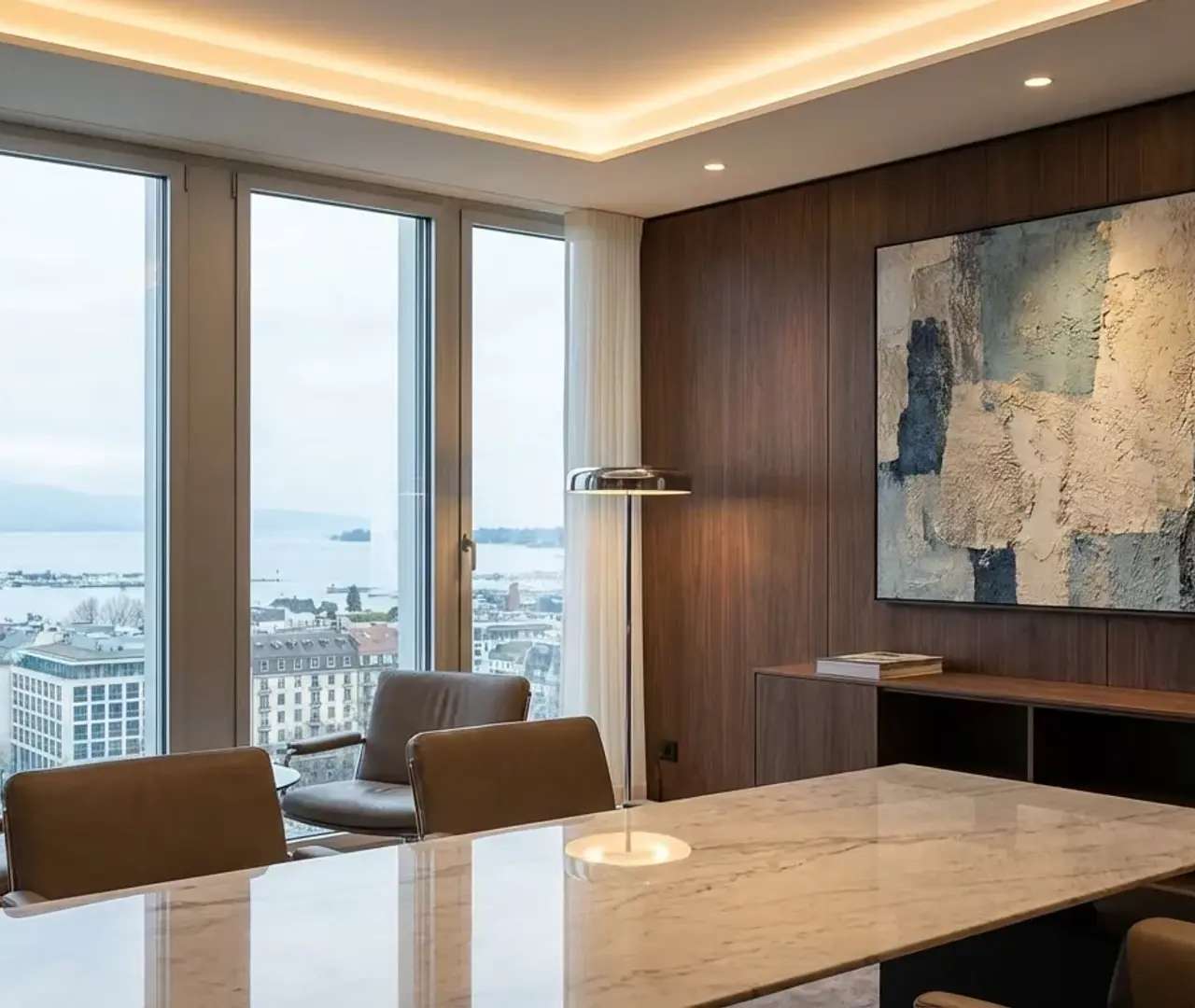 Œuvre d’art contemporaine accrochée dans une salle de réunion avec vue sur Genève, bien couvert par l’assurance objets d’art