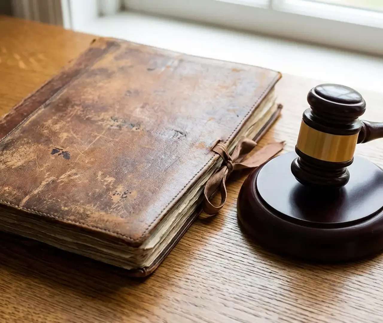 Ouvrage juridique ancien et marteau de juge posés sur un bureau, protection juridique pour PME