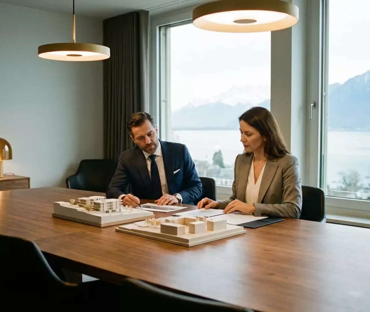 Deux professionnels étudiant une maquette architecturale dans un bureau avec vue sur le lac, responsabilité civile d’entreprise