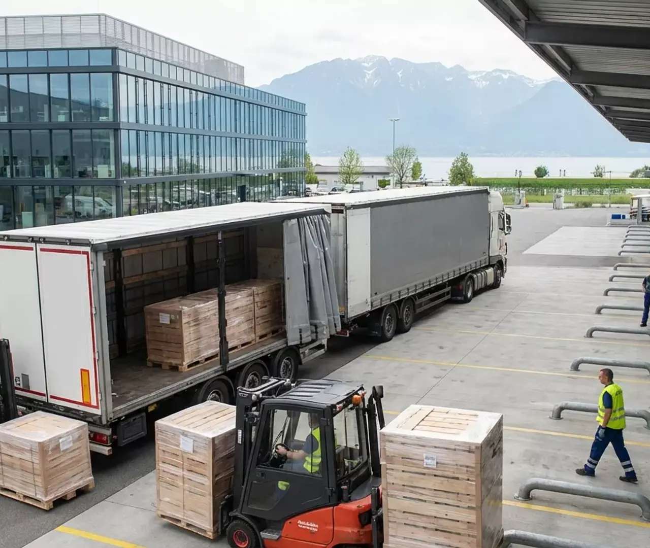 Camions en cours de chargement sur un quai logistique, marchandises couvertes par l’assurance transport