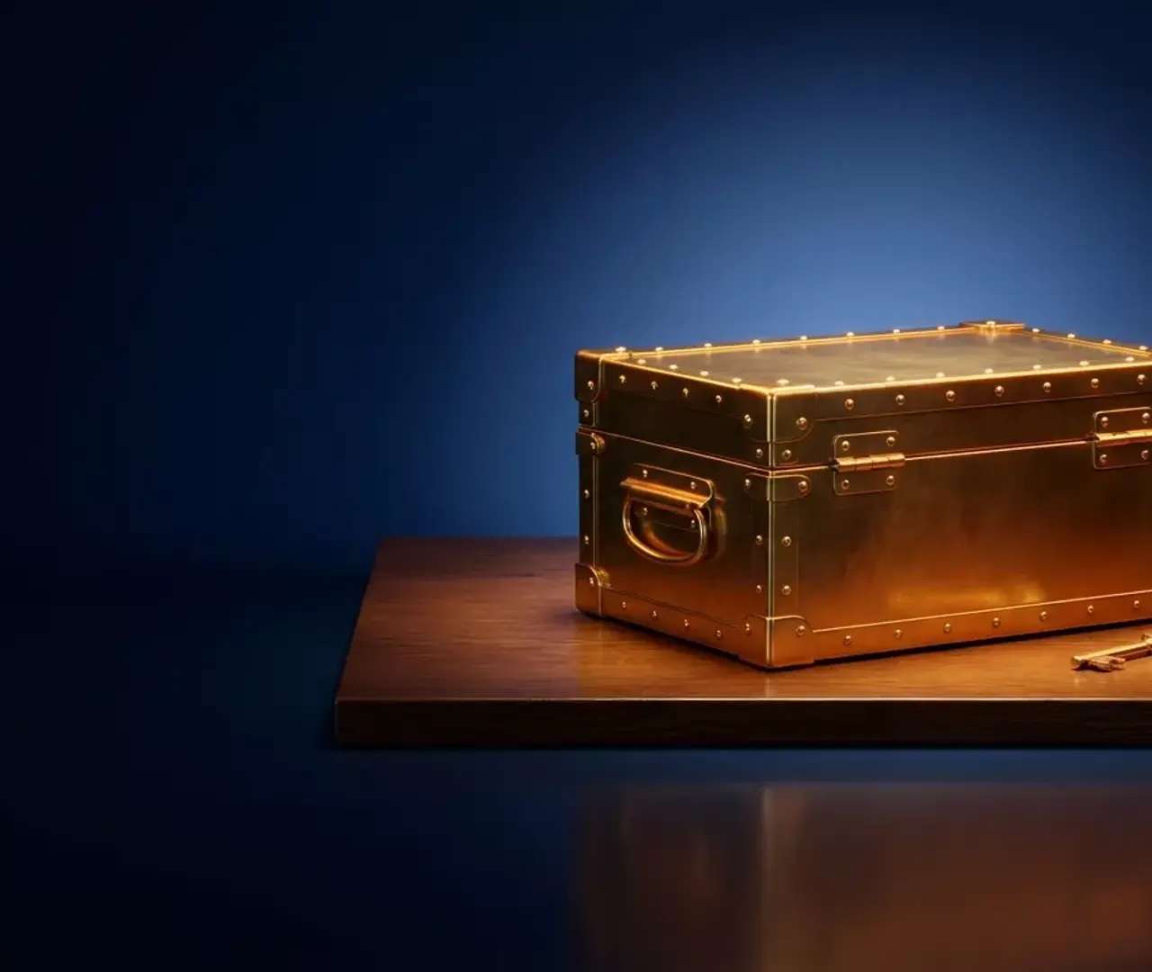 Coffre doré posé sur un socle en bois, symbole du patrimoine d’entreprise à protéger